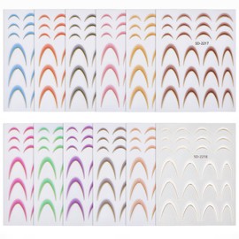 12 Colors Gradient French Tip Nail Stickers, 3D Self-Adhesive Nails Tips Guides Wave Stripe Geometric Curve Lines Transfer Decals Curved Lines Nail Art Designs (K5-Gold 2)