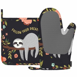 Mxocom Sloth Oven Mitts and Pot Holders Sets Cute Animal Baby Sloth on Tree Branch Flowers Leaves Quote Follow Your Dream Silicone Heat Resistant Kitchen Oven Gloves Pot Holder for Cooking