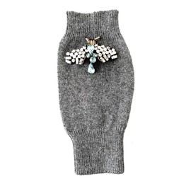 Brighton Robes Women Winter Warm Knit Fingerless Gloves Thumbhole Mittens with Crystal Embalishment (Heather Grey/Green Butterfly)