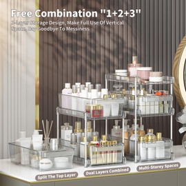 WAKISA Clear Bathroom Organizers 2 Sets 3 Tier, Pull Out Organizer and Storage with 2 Cups, Slide Out Drawer Storage Container with 6 Dividers, Multi-Purpose Bathroom Organizer, Kitchen Under Sink Organizer