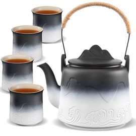 ZENS Vintage Japanese Tea Set, 33.8 oz Gradient Embossed Ceramic Japanese Teapot with Built-in Strainer for Tea Steeper, Hemp Rope Handle Loose Leaf Tea Pot with 4 Cups for Tea Party, Black & White