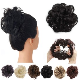 Messy Bun Hair Piece Jet Black 2PCS Scrunchies Hair Bun Extensions Synthetic Curly Ponytail Hairpiece for Women SARLA H2&1B