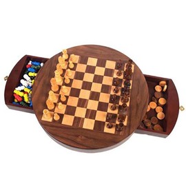 Hansen Classic Games Collection - Walnut Round 3 in 1 Game Set - Reversable Board - Pieces for Chess, Chinese Checkers, and Checkers