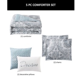 Boho Living – Comforter Set , Picadilly King Bedding , 5 Piece Set , Includes Reversible Comforter, 2 Decorative Pillows & 2 Pillow Shams , 100% Polyester , Microfiber , Bedroom Décor , Blue/Gray