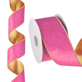 PATIKIL 10 Yards x 2.5" Christmas Ribbon, Velvet Ribbons Gift Wrapping Ribbon for Craft Birthday Wedding Festival Holiday Decoration, Pink/Gold
