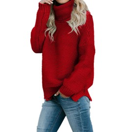ANFTFH Womens Sweaters Knit Turtleneck Long Sleeve Chunky Pullover Red Sweaters for Women L