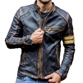 Jnriver mens leather motorcycle jacket black cafe racer leather jacket men distressed leather jacket retro racing jacket