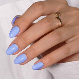 KQueenest Light Blue Press On Nails Short Oval - Summer Press On Nails Short Almond, Sheer Soft Blue Fake Nails with Glue, Glossy Opaque, Reusable Soft Gel Glue on Nails for Women, 24 Pcs