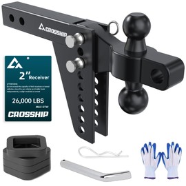 CROSSHIP Adjustable Trailer Hitch - Fits 2'' Receiver, 6'' Drop/Rise Ball Mount, Solid Dual Ball (2" x 2-5/16") Tow Hitch 26,000 LBS GTW-Multifunctional Heavy Duty Truck with Pin for Class III & IV