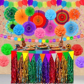35 Pcs Fiesta Party Decorations Set - Mexican Party Supplies with Colorful Paper Fans, Pom Poms, Banners, Hanging Swirls & Tablecloths for Cinco de Mayo, Birthday, Theme Celebration