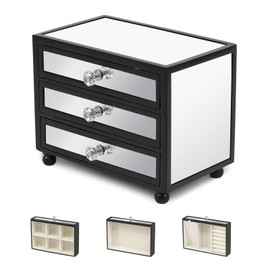 Gifturbo 3-Tier Mirror Black Jewelry Box,Jewelry Organizer Glass with 3 Drawers for Big and Small Jewelry, Jewelry Storage, Modern Style