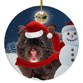 Festive Winter Night Pet and Snowman Ornament - Black Hamster Christmas Ornament Circle Ceramic - Funny Holiday Xmas Tree Decoration Gifts for Hamster Lovers