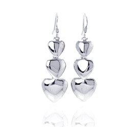 Sterling Silver Rhodium Plated, Three Graduated Solid Heart Dangle Earrings