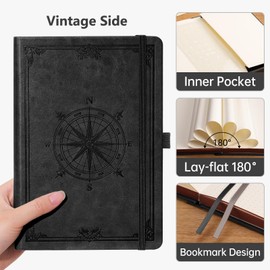 AUTEMPO A5 Notebook Leather Hardcover in Compass Pattern Design, 320 Pages Journal Book, 100 gsm Diary, 14.5 x 21 cm, The Perfect Gift for Family and Friends (Black Dotted)