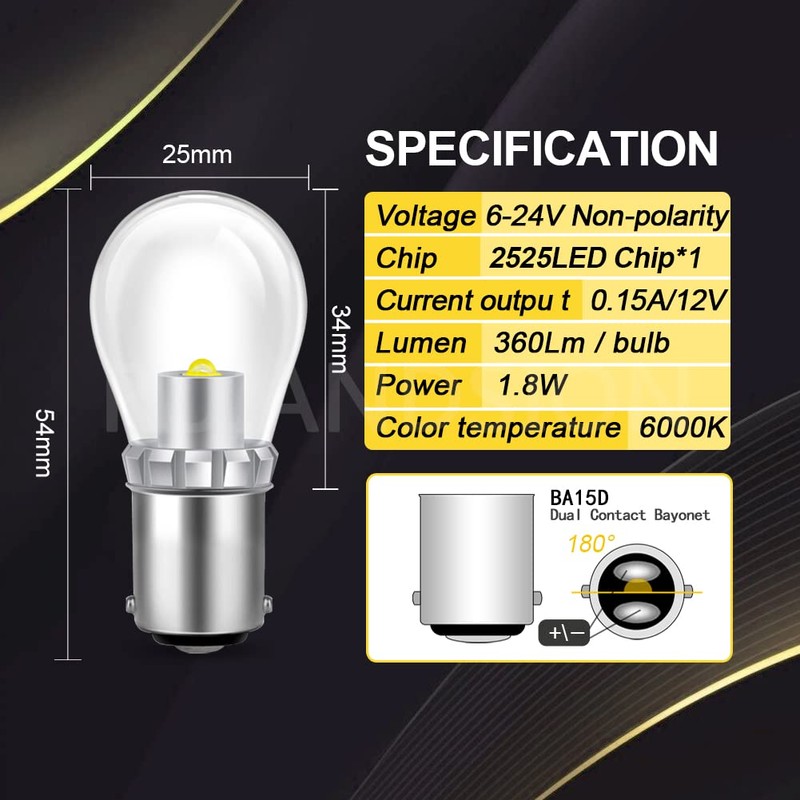 Ruiandsion BA15D LED Bulb White 6-24V 1130 1142 1176 Interior