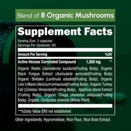 Active Hexose Correlated Compound 180 Caps 1500mg per Serving - Vegan Organic Mushroom Supplement Help Support Immune System and Promote Natural Killer and T Cells