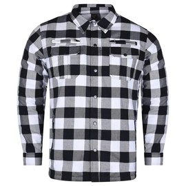 bikersgearonline Men's Biker Armored Checkered Flannel Shirt with Kevlar, Waterproof zippers & C.E. Approved Armors (X-Large, White/Black)