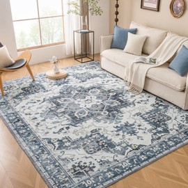 VK VK·LIVING Machine Washable Rug 6'x9' Vintage Design Washable Area Rugs with Non Slip Rugs for Living Room Bedroom Traditional Woven Rug Carpet Stain Resistant, Dining Office Boho Rug, (Blue Grey)