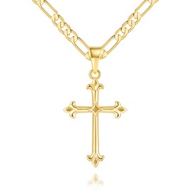 Chantel Yorke Gold Cross Necklace 14K Gold Cross Necklaces for Men Crosses Pendant Necklace for Men Luxurious Baroque Style with Figaro Chain Mens Crosses Chain Necklaces (20in)