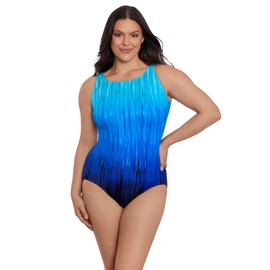 Longitude Women's Swimwear High Energy Panel Scoopback Highneck One Piece Swimsuit, Blue, 12