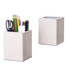 GORESE Square Leather Pen Holder, Pen Holder, Desk Organiser, Pen Box, Pencil Holder, Fountain Pen, Brush Holder, Organiser for Office, School, Household and Children, Pack of 2 (White)