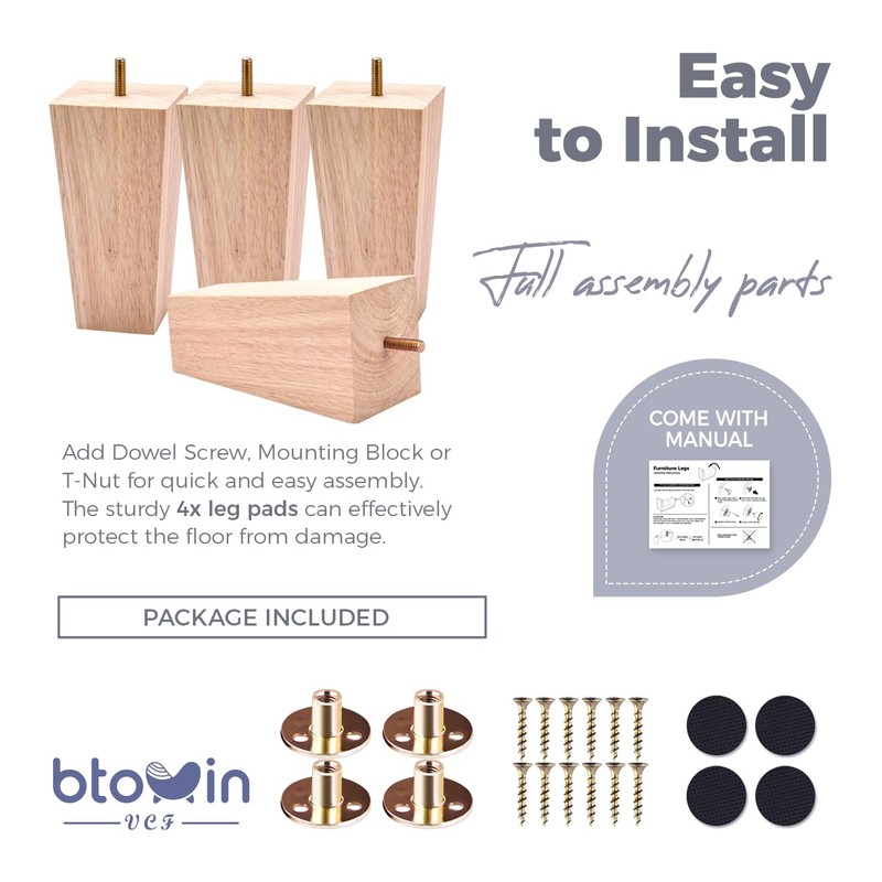 Btowin 4 inch Solid Wood Furniture Legs, 4Pcs Mid-Century Modern