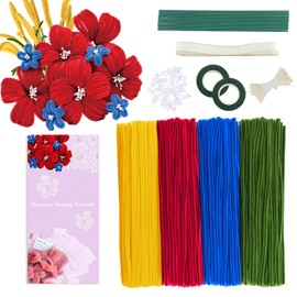 400 Pcs Pipe Cleaners Craft Set Chenille Stems for Girls Boys 4 Assorted Colors Pipe Cleaners Bulk for DIY Art Flower Making with Floral Wires, Gardening Tape, Beads, Stamen& Ribbon