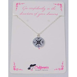Small Compass Necklace Silver or Gold Plated Pendant Necklace, Graduation Gift Necklace, 18" (Silver Plated)