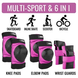 NHH Skateboard Knee Pads Set - 6 In 1 Protective Gear Set Knee Pads Elbow Pads and Wrist Guards for Kids Youth Adults Men and Women (Pink, Small)