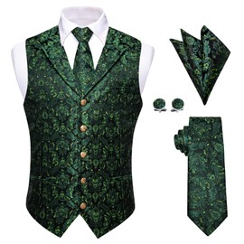YourTies Mens Vest Suit Dress Paisley Green Vest Tie Pocket Square Set Retro Victorian Waistcoat for Wedding Party Tuxedo M