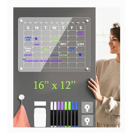 BPAZVUH Acrylic Magnetic Monthly Calendar for Fridge,16''X12'' Clear Dry Erase Board Calendar for Fridge Reusable Planner, Includes 8 Dry Erase Markers with 4 Colors