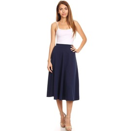 HEO CLOTHING Casual High Waist A-Line Midi Skirt with Elastic Waistband Navy XL