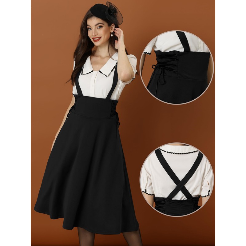 Allegra K Women's Suspender Skirt, Brace Skirt, Midi Length, High