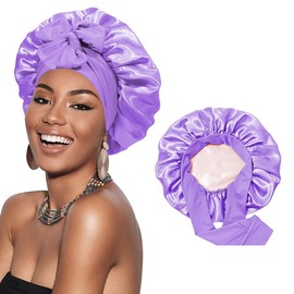 Satin Bonnet for Sleeping Women Silk Sleep Cap Double Layer Hair Care Bonnet with Elastic Tie Band Curly Hair(Light purple + Beige)