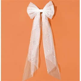 LERTREE Pearl Bow Hair Clips Bridal Veil Wedding Tulle Big Bow with Clip Bowknot Spring Snap Hair Barrettes for Women ﻿ (White)