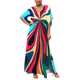 IMAGEKOPE Moroccan Print V-Neck Batwing Kaftan Women's Plus Size Loose Fit Beach Dress Bathing Suit Cover Up Loungewear