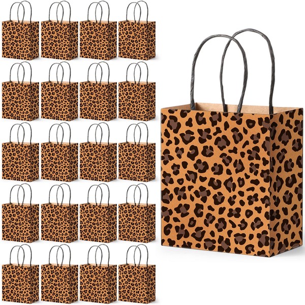 Outus 50 Pieces Leopard Paper Bags Leopard Print Small Gift Bags 5.5 x 2.76 x 5.9 Inch Brown Leopard Bag with Handles Animal Prints for Shopping Trendy Gift Kraft Party Take out Merchandise Retail