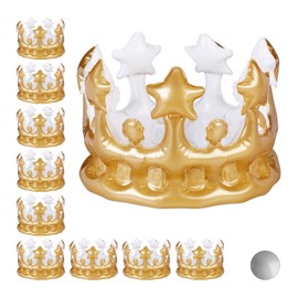 Relaxdays 10 x Inflatable Crown Costume Accessories Carnival Accessory for Princess & King JGA Birthday Crown Gold