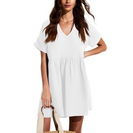 liher Women's Casual Summer Dresses Short Sleeve V Neck A Line Loose Swing Short Dress Mini Dress, White L