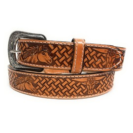 Kids Western Belt - Boys Genuine Leather Cowboy Rodeo Belt with Horse & Bull Decor (24, Honey)