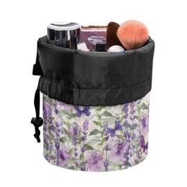 Poceacles Drawstring Makeup Bag Portable Cosmetic Bags Pouch Organizer Multifunctional Toiletry Bucket Bag Storage Pocket, Butterfly Floral Violet, One Size