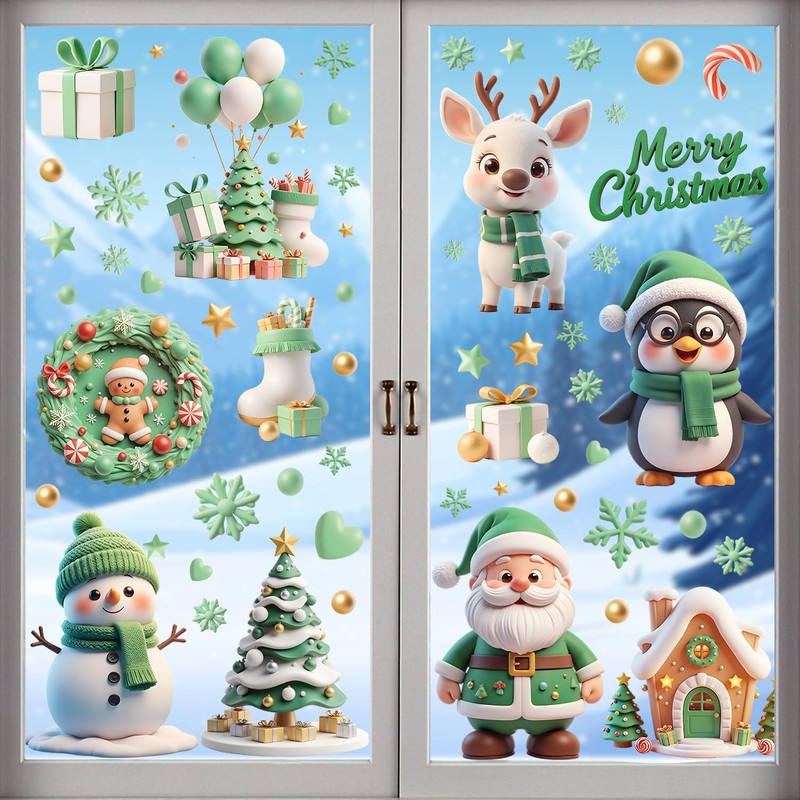 9 Pcs Christmas Window Stickers, Large Christmas Window Decorations,Reusable Stereo