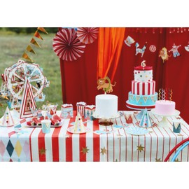 Paper Tablecloth 180 x 120 cm - Paper Tablecloth Striped with Stars - Tablecloth Table Cover as Party Tablecloth for Children's Birthday Party - Party Decoration & Table Decoration - Red Cream Gold
