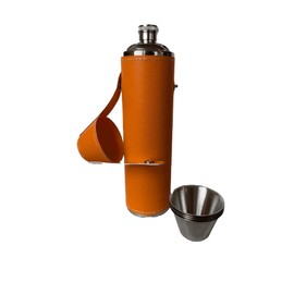 Birdie Bottle 12oz Orange Flask with 4 Shot Glasses in Cap – Stainless Steel with Waterproof Leather Case, Leakproof, Reusable, Great Gift