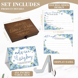 50 Pcs Advice And Wishes For The Mr and Mrs, Blue Floral Wedding Advice Cards with Wood Box, Floral Bridal Shower Wishes for Bride Groom Newlywed Engagement Party Bridal Shower Decoration-A08
