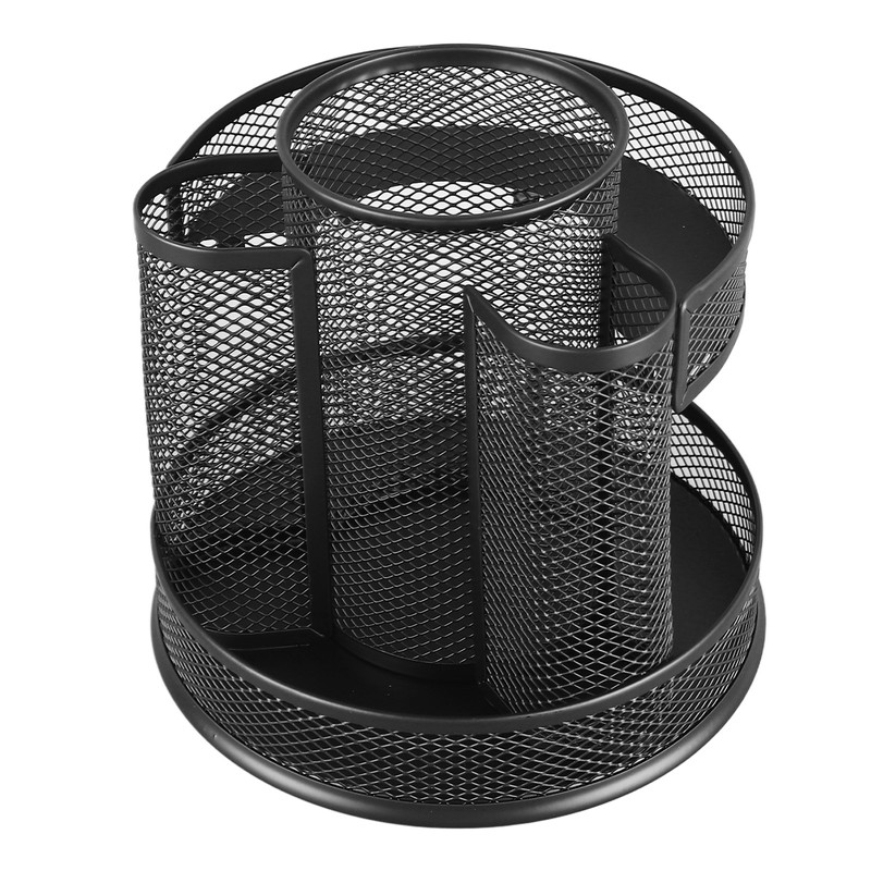 Rotating Pen Holder Black Mesh 7 Compartments Strong Metal Rotating