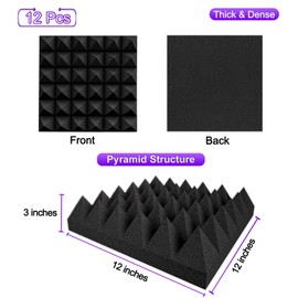 TroyStudio Thick Acoustic Foam Panels, 12 X 12 X 3 Inch, 12 Pcs Broadband Sound Absorbing, Dense Soundproof Padding Tile, Recording Studio Foam Absorber, Pyramid Decorative 3D Wall Ceiling Panel
