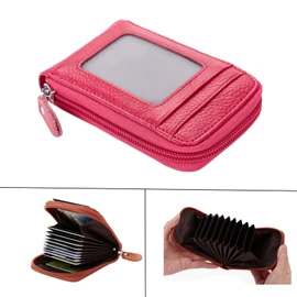boshiho Genuine Leather 12 Card Slots, Large Capacity, Skimming Prevention, Credit Card Case, Coin Case, Transparent Window Pocket, Women's, Men's, Small, License Case, Zipper, hotpink