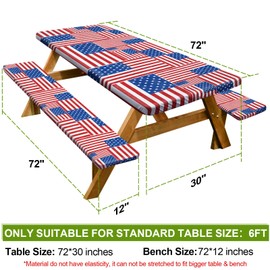 Picnic Table Cover with Bench Covers Camping Essentials Waterproof Windproof Camping Tablecloth with Drawstring Bag, Fitted Rectangle Tables and Seats, 72in, Red Blue White