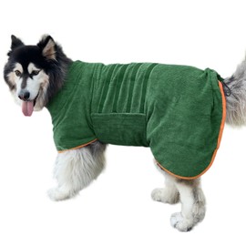 Dog Drying Coat Bathrobe Towel, Microfibre Material Fast Drying Super Absorbent Dog Bath Robe, Pet Quick Drying Moisture Absorbing with Adjustable Collar and Waist (Green, Medium)